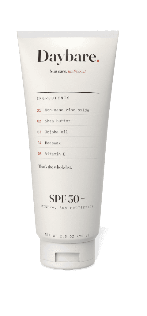 The Daybare tube, front label with the five-line ingredient panel